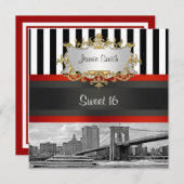 Invitation NYC Skyline Brooklyn Bridge, Boat Sweet 16 Invitat (Devant / Derrière)