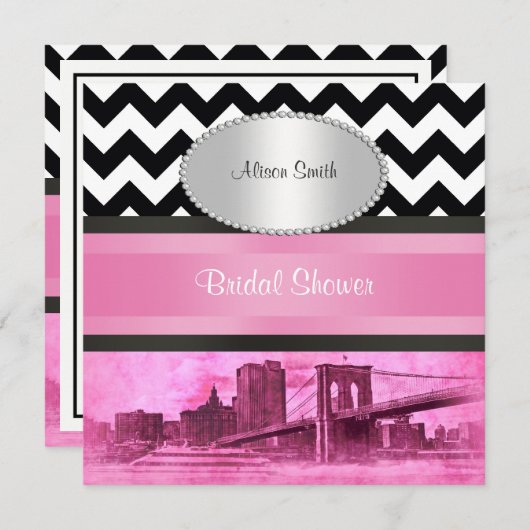 Invitation NYC Skyline Brooklyn Bridge BW Pnk P Fête des mari (Devant / Derrière)