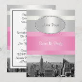 Invitation NYC Skyline BW 05 Blanc, Rose Sweet 16 Party (Devant / Derrière)