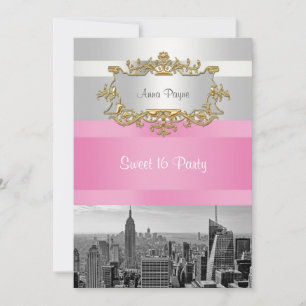 Invitation NYC Skyline BW 05 Blanc, Rose Sweet 16 Party