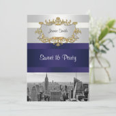 Invitation NYC Skyline BW 05 White Navy Blue Sweet 16 Invitat (Debout devant)