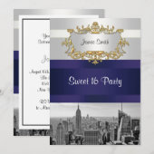 Invitation NYC Skyline BW 05 White Navy Blue Sweet 16 Invitat (Devant / Derrière)