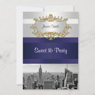 Invitation NYC Skyline BW 05 White Navy Blue Sweet 16 Invitat
