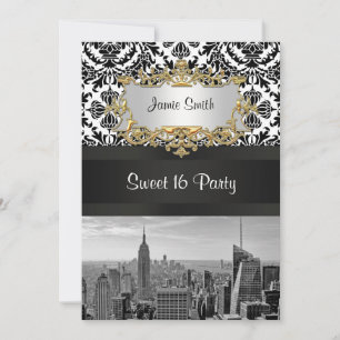 Invitation NYC Skyline BW 431 Damask Sweet 16 Party Invitatio