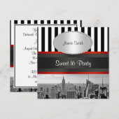 Invitation NYC Skyline BW Black White Stripe P Sweet 16 Party (Devant / Derrière)