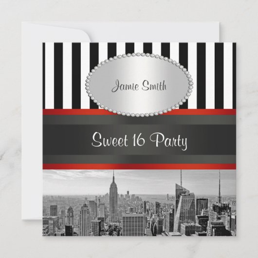Invitation NYC Skyline BW Black White Stripe P Sweet 16 Party (Devant)