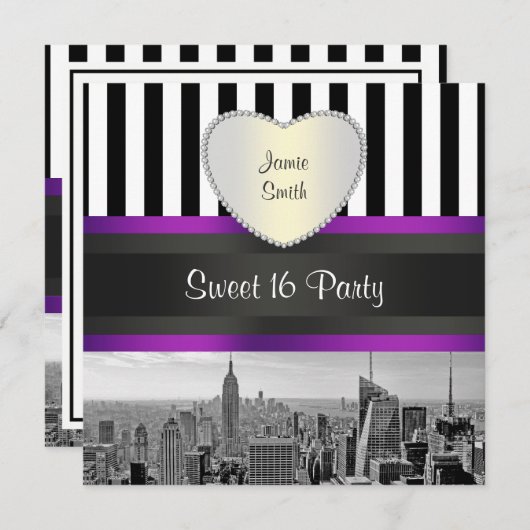 Invitation NYC Skyline BW Blk Wht Strp Purpl H Sweet 16 Party (Devant / Derrière)