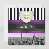 Invitation NYC Skyline BW Blk Wht Strp Purpl H Sweet 16 Party (Devant)