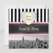 Invitation NYC Skyline BW Blk Wht Strp Rose H Sweet 16 Party (Devant)