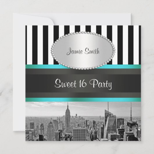 Invitation NYC Skyline BW Blk Wht Strp Turquoise P Sweet 16 P (Devant)