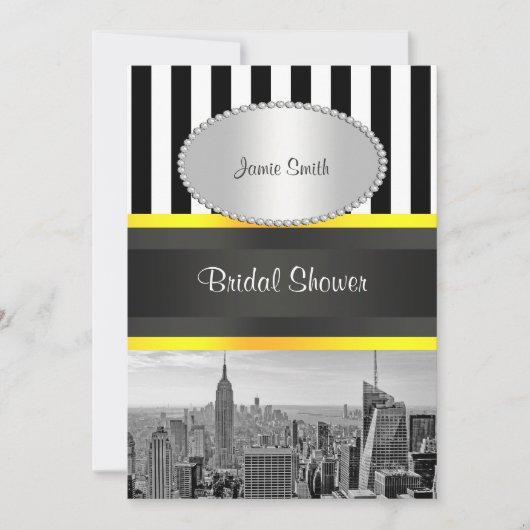 Invitation NYC Skyline BW Blk Wht Strp Yellow P Fête des mari (Devant)