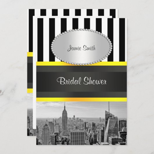 Invitation NYC Skyline BW Blk Wht Strp Yellow P Fête des mari (Devant / Derrière)