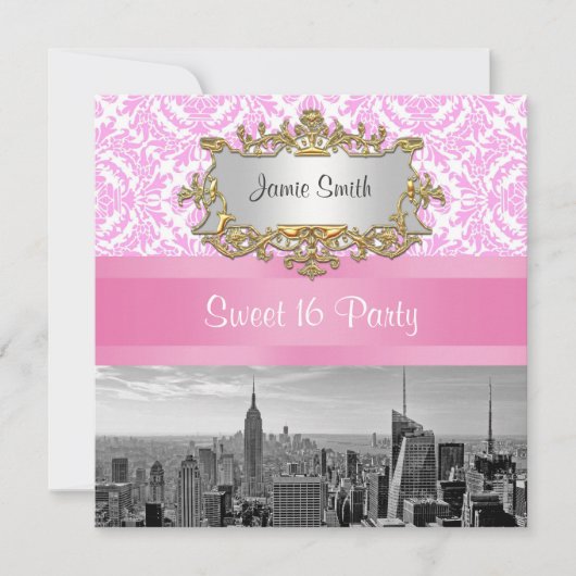 Invitation NYC Skyline BW D4P Rose Damask Sweet 16 Party (Devant)