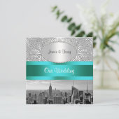 Invitation NYC Skyline BW Silver White Mariage damassé (Debout devant)