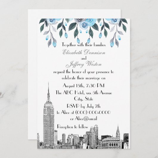Invitation NYC Skyline ESB Etch Blue Grey FlorMariage (Devant / Derrière)