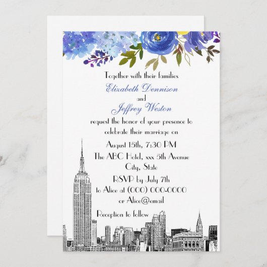 Invitation NYC Skyline ESB Etch Blue Yellow FlorMariage (Devant / Derrière)