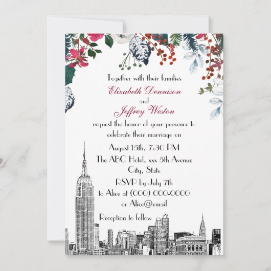 Invitation NYC Skyline ESB Etch Burg Blu Green FlorMariage (Devant)