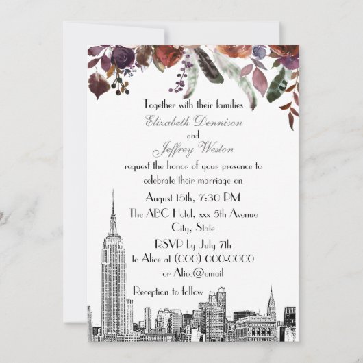 Invitation NYC Skyline ESB Etch Burgundy Plum FlorMariage (Devant)