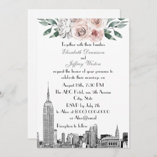 Invitation NYC Skyline ESB Etch Lt Rose Grey FlorMariage (Devant / Derrière)