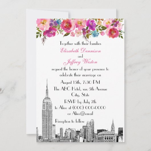Invitation NYC Skyline ESB Etch Mariage floral rose printemps (Devant)