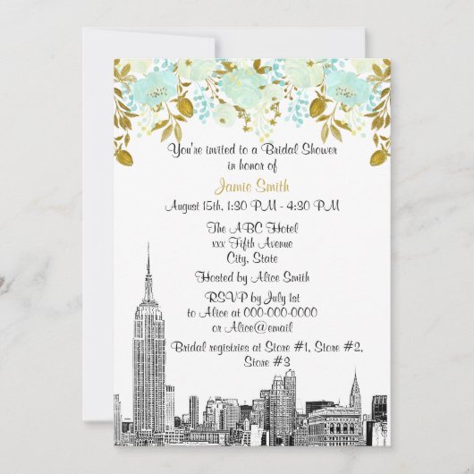 Invitation NYC Skyline ESB Etch Mint Gld Fête des mariées flo (Devant)