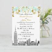 Invitation NYC Skyline ESB Etch Mint Gold Floral Mariage (Debout devant)