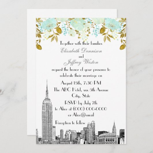Invitation NYC Skyline ESB Etch Mint Gold Floral Mariage (Devant / Derrière)