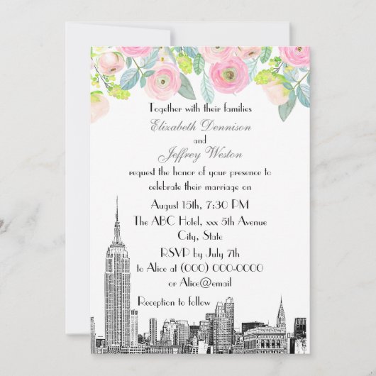 Invitation NYC Skyline ESB Etch rose Ranunculus Mariage (Devant)