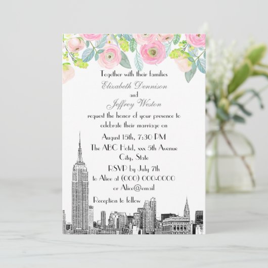 Invitation NYC Skyline ESB Etch rose Ranunculus Mariage (Debout devant)