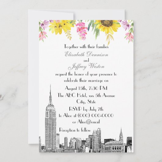 Invitation NYC Skyline ESB Etch Sunflower Rose Flower Mariage (Devant)