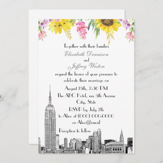 Invitation NYC Skyline ESB Etch Sunflower Rose Flower Mariage (Devant / Derrière)