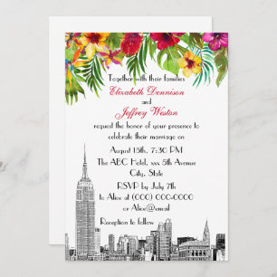 Invitation NYC Skyline ESB Etch Tropical Floral Mariage