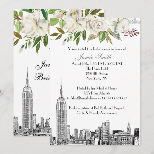 Invitation NYC Skyline ESB Etch White Floral Fête des mariées (Devant / Derrière)
