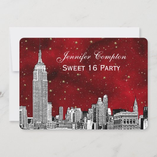 Invitation NYC Skyline Etch Starry Rouge BG SQ Sweet 16 H (Devant)