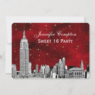 Invitation NYC Skyline Etch Starry Rouge BG SQ Sweet 16 H