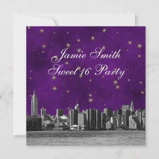 Invitation NYC Skyline Etched #3 Purple Gold Star Sweet 16 (Devant)