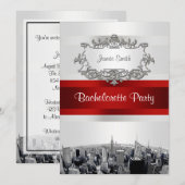 Invitation NYC Skyline Gravée 2, Blanc, Ruban Rouge Enterreme (Devant / Derrière)