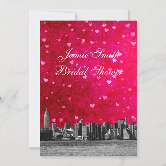Invitation NYC Skyline Hot Pnk Red Hrt Fête des mariées V (Devant)