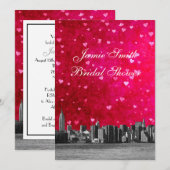 Invitation NYC Skyline Hot Pnk Red Hrt Fête des mariées V (Devant / Derrière)