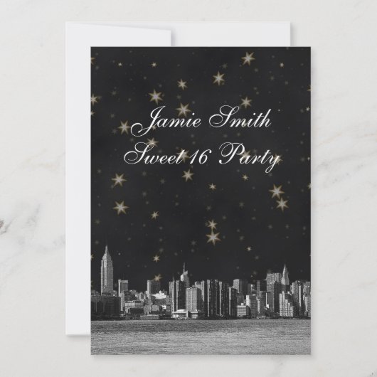 Invitation NYC Skyline no 3 Black Gold Star Sweet 16 V (Devant)