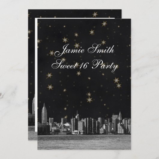 Invitation NYC Skyline no 3 Black Gold Star Sweet 16 V (Devant / Derrière)