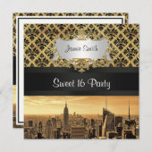 Invitation NYC Skyline Sepia B5 Blk Rib Damask Sweet 16 Invit (Devant / Derrière)
