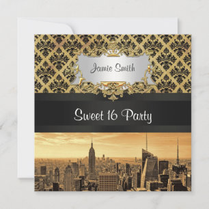Invitation NYC Skyline Sepia B5 Blk Rib Damask Sweet 16 Invit