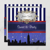 Invitation NYC Skyline Sil Blue Sky2 Blue Wht Stripe Sweet 16 (Devant / Derrière)