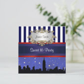 Invitation NYC Skyline Sil Blue Sky2 Blue Wht Stripe Sweet 16 (Debout devant)