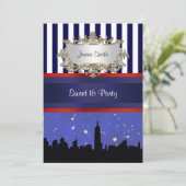 Invitation NYC Skyline Sil Blue Sky2 Blue Wht Strp Sweet 16 V (Debout devant)