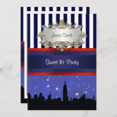 Invitation NYC Skyline Sil Blue Sky2 Blue Wht Strp Sweet 16 V (Devant / Derrière)