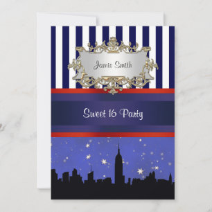 Invitation NYC Skyline Sil Ciel Bleu2 Bleu & Blanc Strp Douze