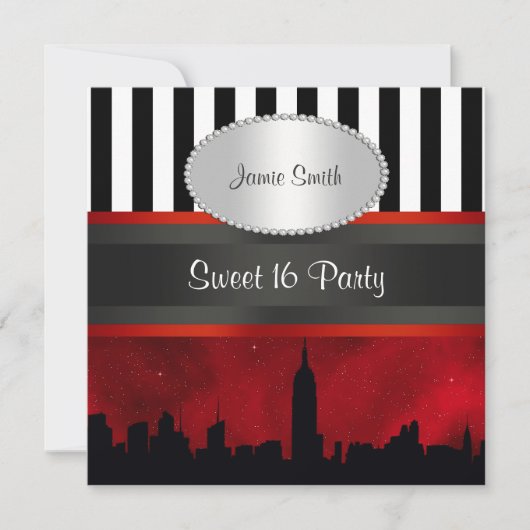 Invitation NYC Skyline Sil Red Sky Blk Wht Stripe P Sweet 16 (Devant)