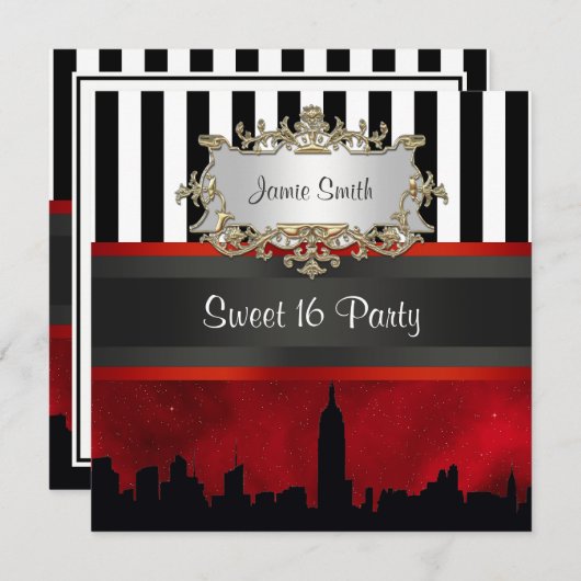 Invitation NYC Skyline Sil Red Sky Blk Wht Stripe Sweet 16 (Devant / Derrière)